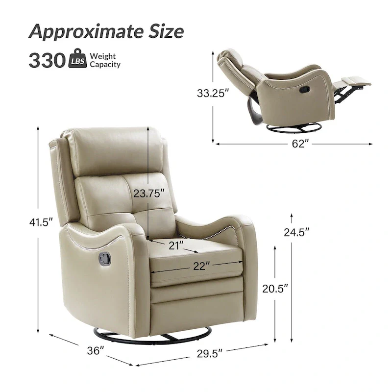 Genuine Leather Swivel Rocker Recliner with Nailhead Trims by