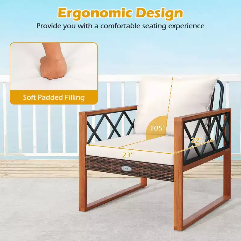Costway 3 PCS Patio PE Wicker Furniture Set with Solid Acacia Wood Frame & Cushions