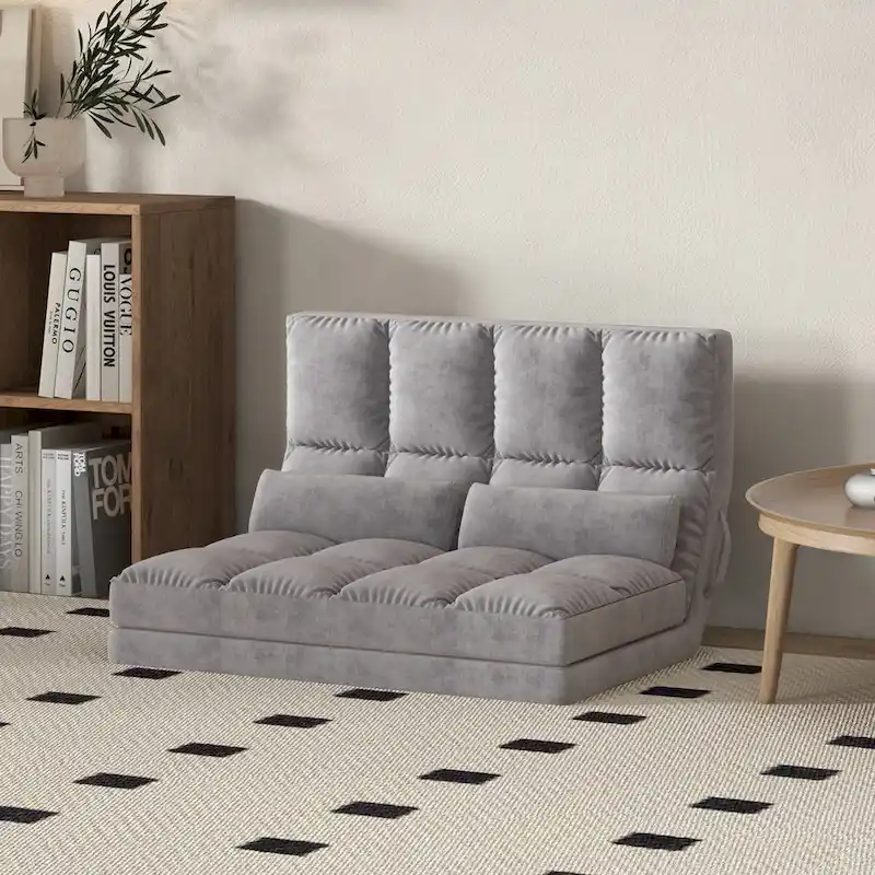 Grey Convertible Floor Sofa Chair with Adjustable Backrest, 2 Pillows, Single