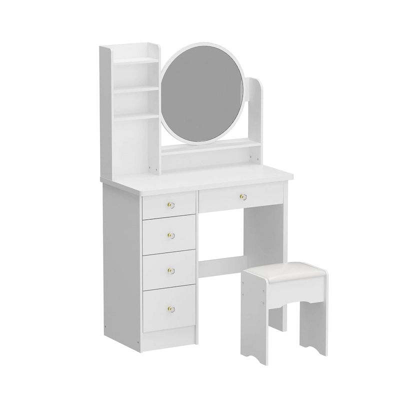 Makeup Vanity Set Dresser w/Mirror Stool 5 Drawers - White/Pink/Black - 31.5 L x 15.7 W x 52 H