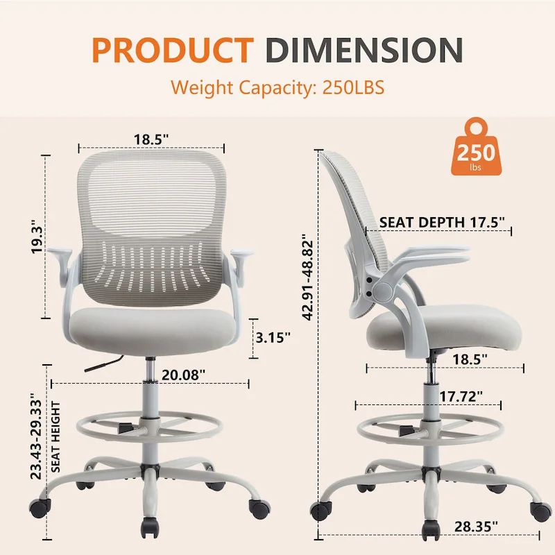 Drafting Tall Office Chair Ergonomic High Desk Chair with Flip-up Armrests