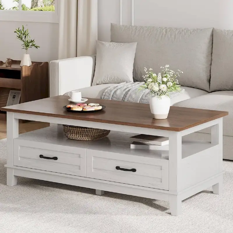 Farmhouse Coffee Table with Drawers and Open Shelf - N/A