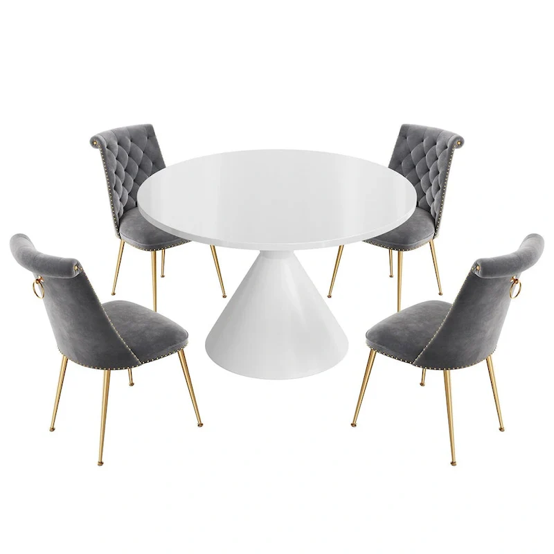 48  Light Luxury White High Gloss Large Countertop Dining Table with Velvet Dining Chair Set
