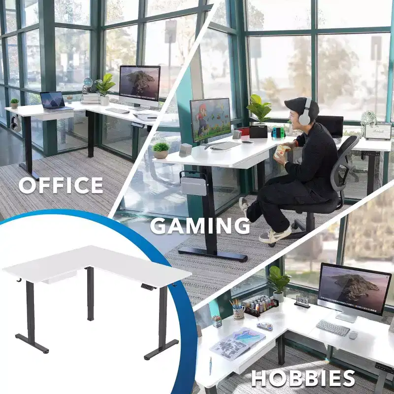 L Shaped Standing Desk - Large Electric Corner Standing Desk, Height Adjustable L Standing Desk, Black Frame, White Tabletop