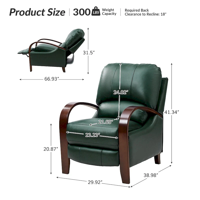 Alex Mid-century Modern Cigar Genuine Leather Manual Recliner with Wooden Curved Arms, Set of 2