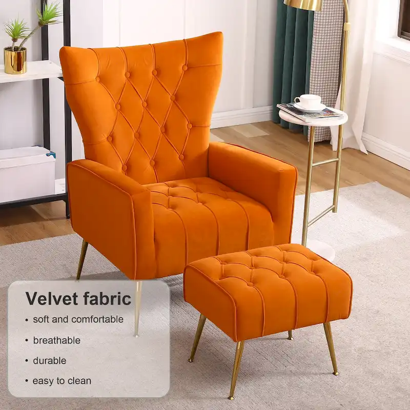 Gray Wingback Accent Chair with Ottoman Set