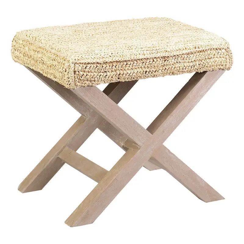 Handmade Natural Raffia And Wood Ottoman by East at Main