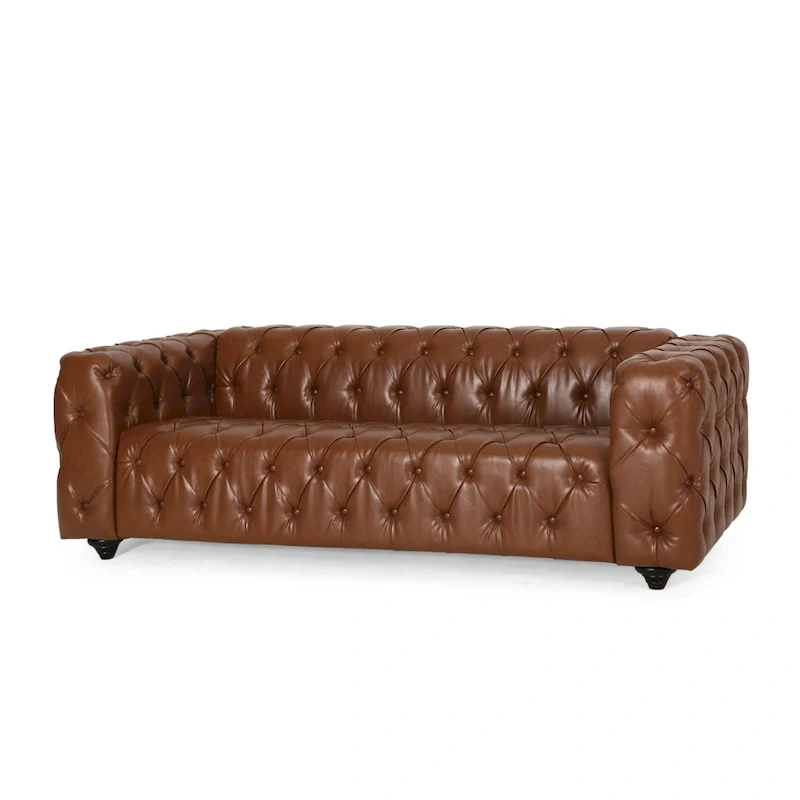 Faux Leather Button Tufted 3-seater Sofa with Wood Legs