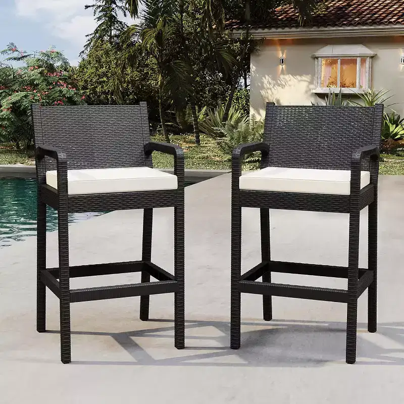 Set of 2 Outdoor Bar Stools, 30 Patio Wicker Bar Chairs with Cushions and Footrest, Bar Height Seating for Backyard, Garden, Poolside, Balcony, Deck