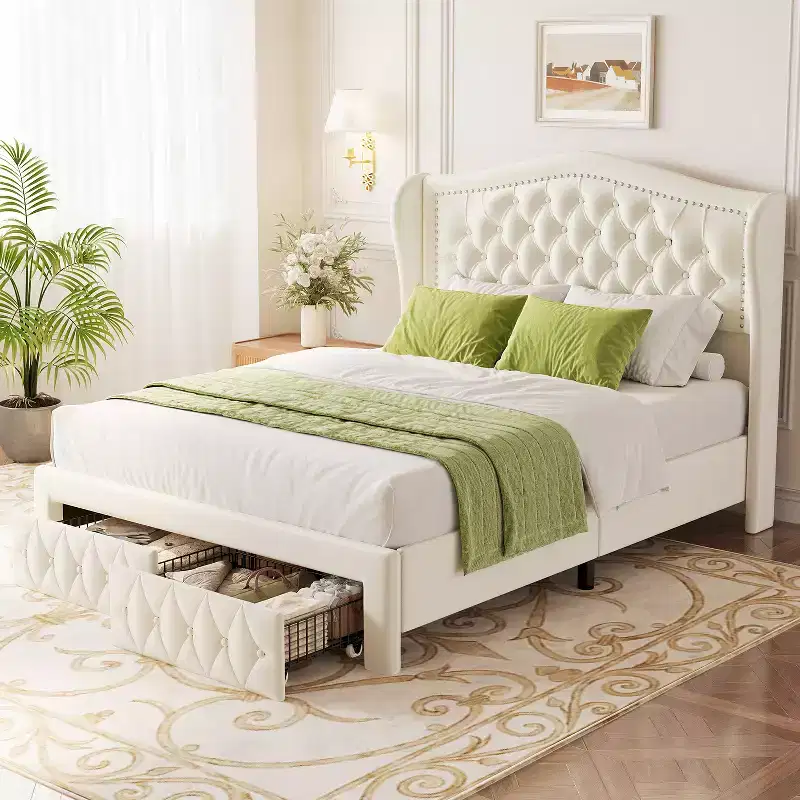 Dyonery Queen Bed Frame, Velvet Upholstered Platform Bed with 2 Storage Drawers, Tall Wingback Headboard, Wooden Slats, No Box Spring Needed