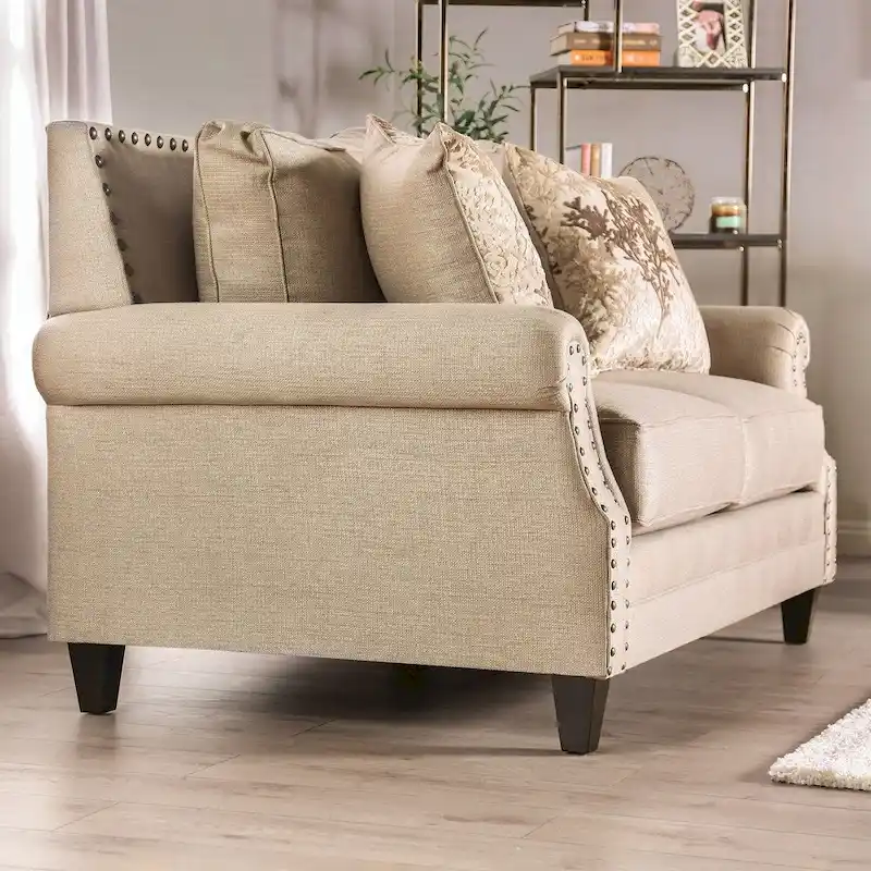 Traditional Beige Solid Wood Padded Loveseat