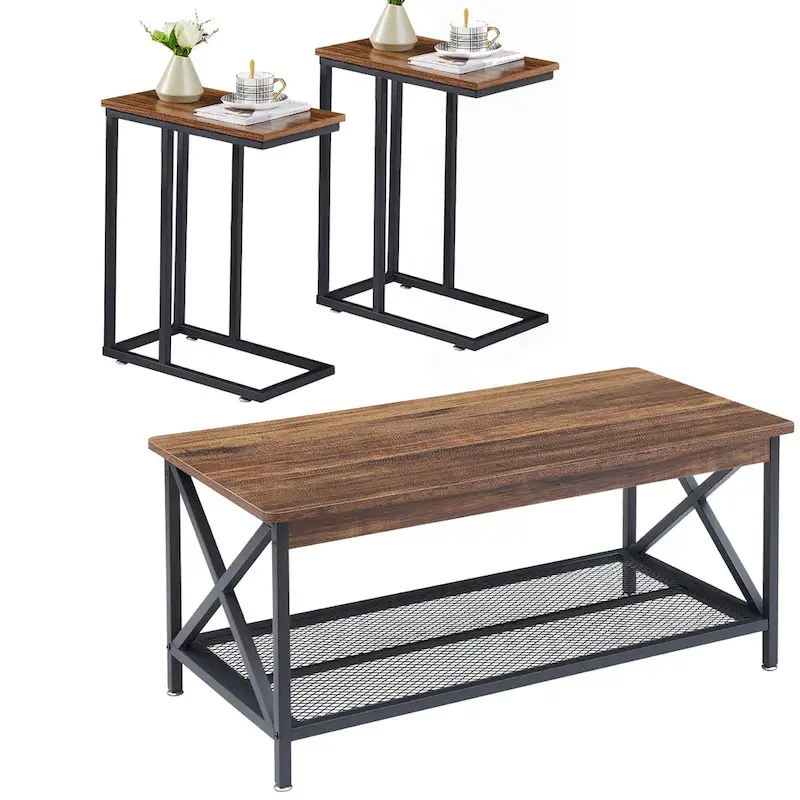 Black / Grey / Brown 3-Piece Coffee Table & C Side Table Set for Living Room