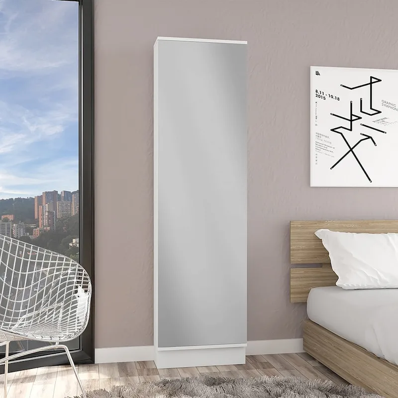 Black / White Single-Door Shoe Cabinet with Mirror, 5 Shelves, Holds Up to 10 Pairs