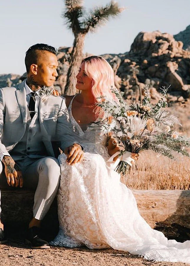 A Line Lace Wedding Dresses Nude Lining