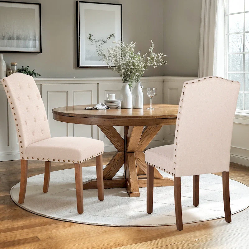 Set of 4 Upholstered Faux Leather/Fabric Dining Room Chairs with High Back and Solid Wood Legs