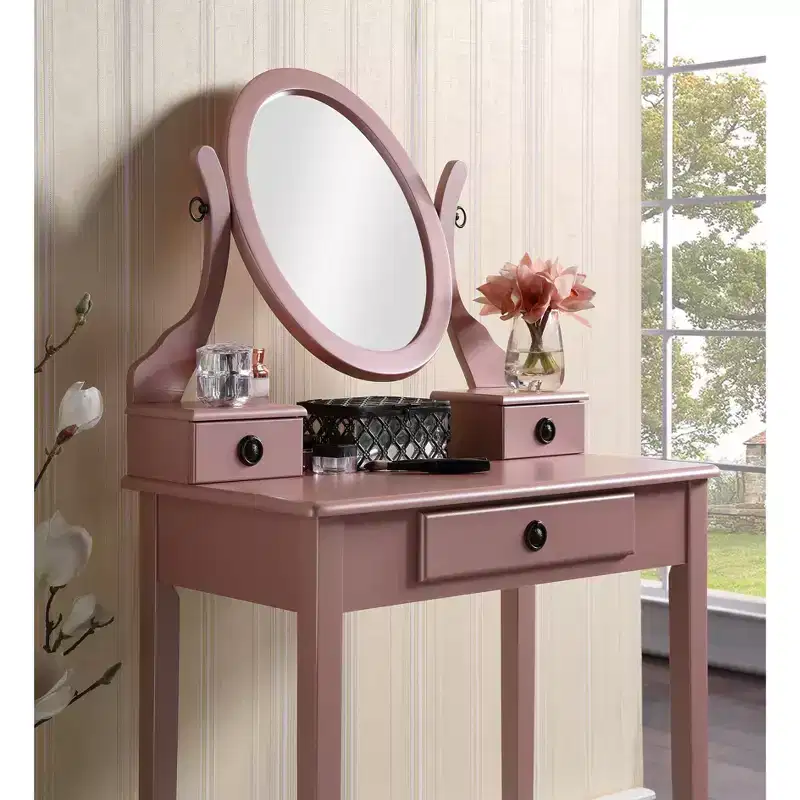Roundhill Furniture Moniya Wood Makeup Vanity Table and Stool Set, Rose Gold
