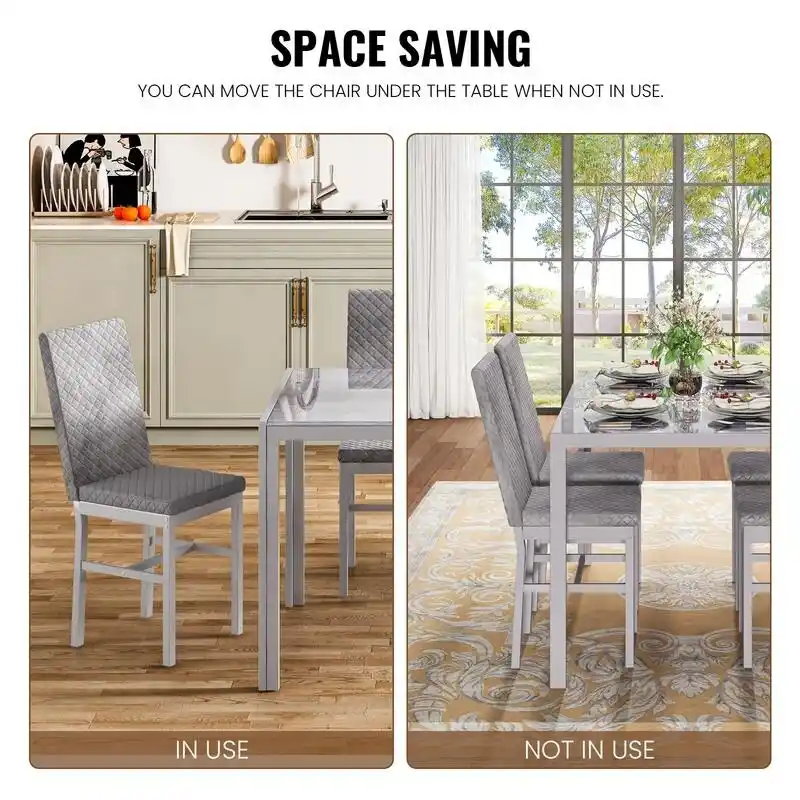 Modern Dining Room Table with Tempered Glass Tabletop and Diamond Stitching PU Leather Chairs