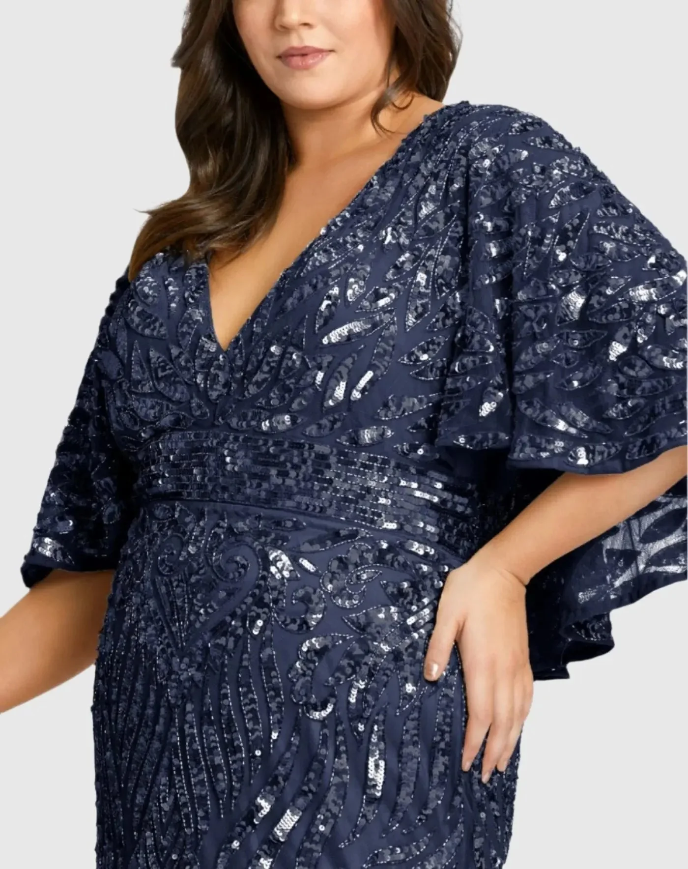 Navy Embellished Cape Sleeve Cocktail Dress (Plus)