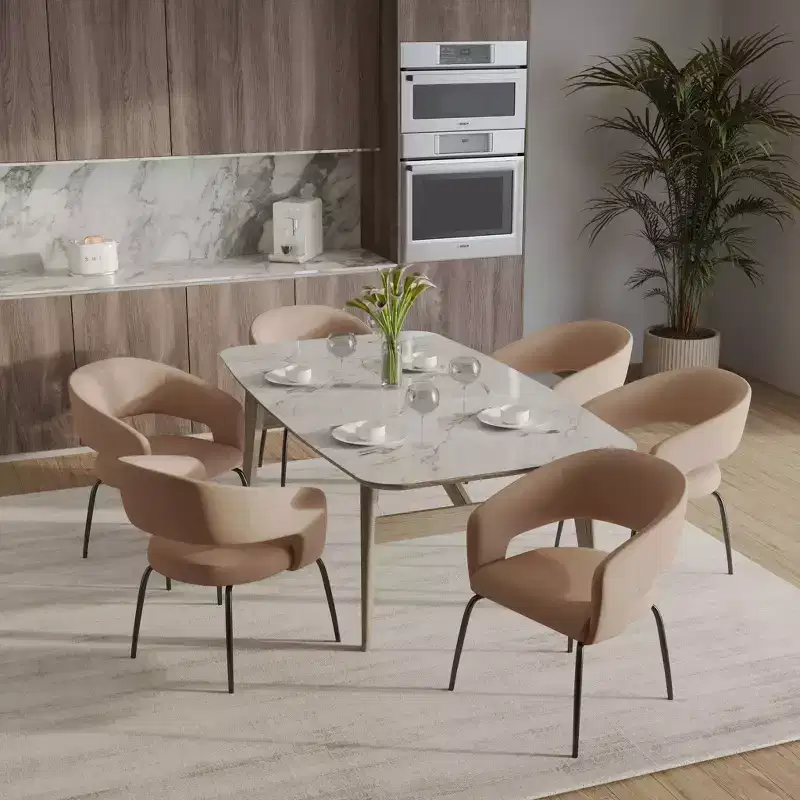 LeisureMod Dining Chair Upholstered in Velvet/Leather with Open Curved Backrest and Powder-Coated Iron Legs Gavin Collection Set of 2