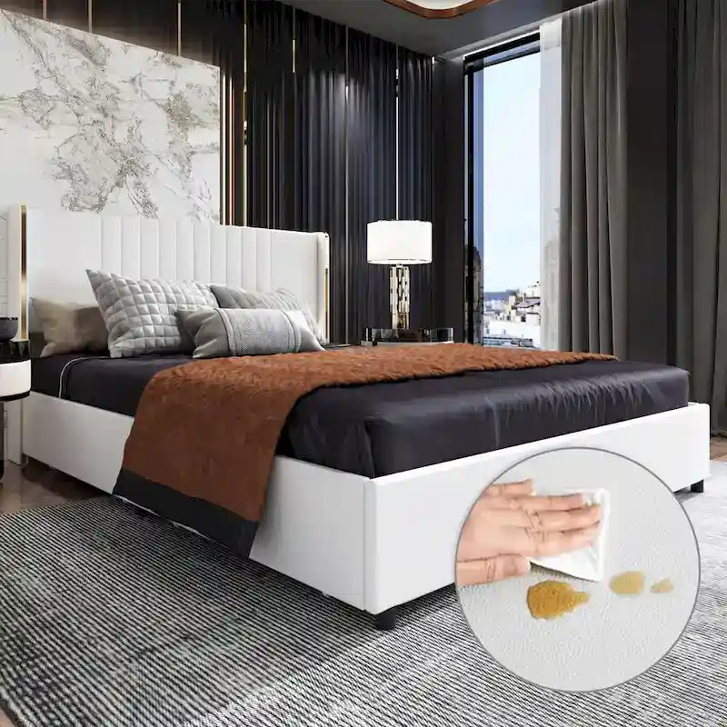 Modern Illuminated Bed Frame with Gold Trim - Chic Upholstered Design