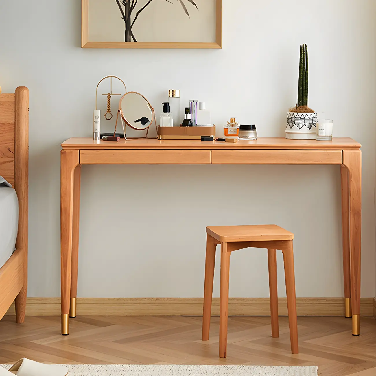 Natural Wood Entryway Console Table with Drawers
