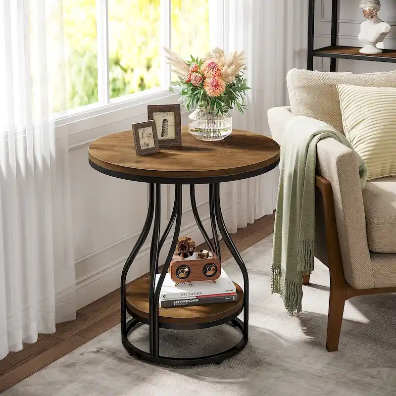 2-Tier Faux Marble Round End Side Table with Stylish Metal Frame,Modern Simple Bedside Nightstand Accent Tables