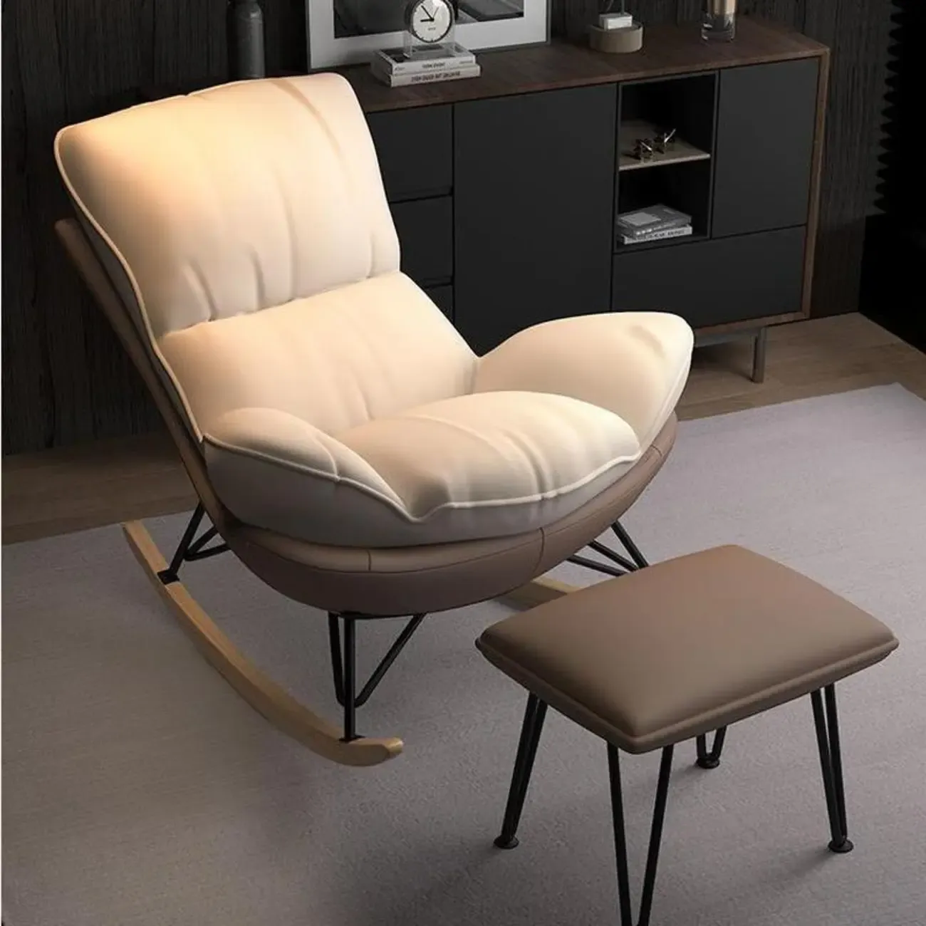 Faux Leather Wingback Rocking Chair with Removable Cushions