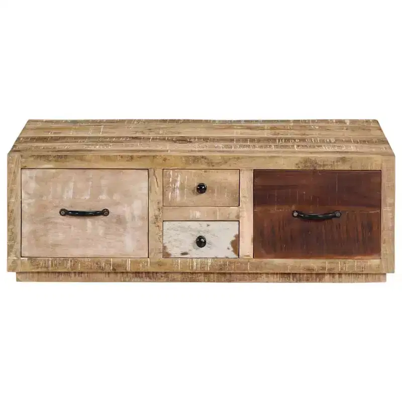 vidaXL Coffee Table with 4 Drawers- Handmade Furniture in Solid Mango Wood- Stylish Farmhouse Design for Living Room- Brown Couch Table