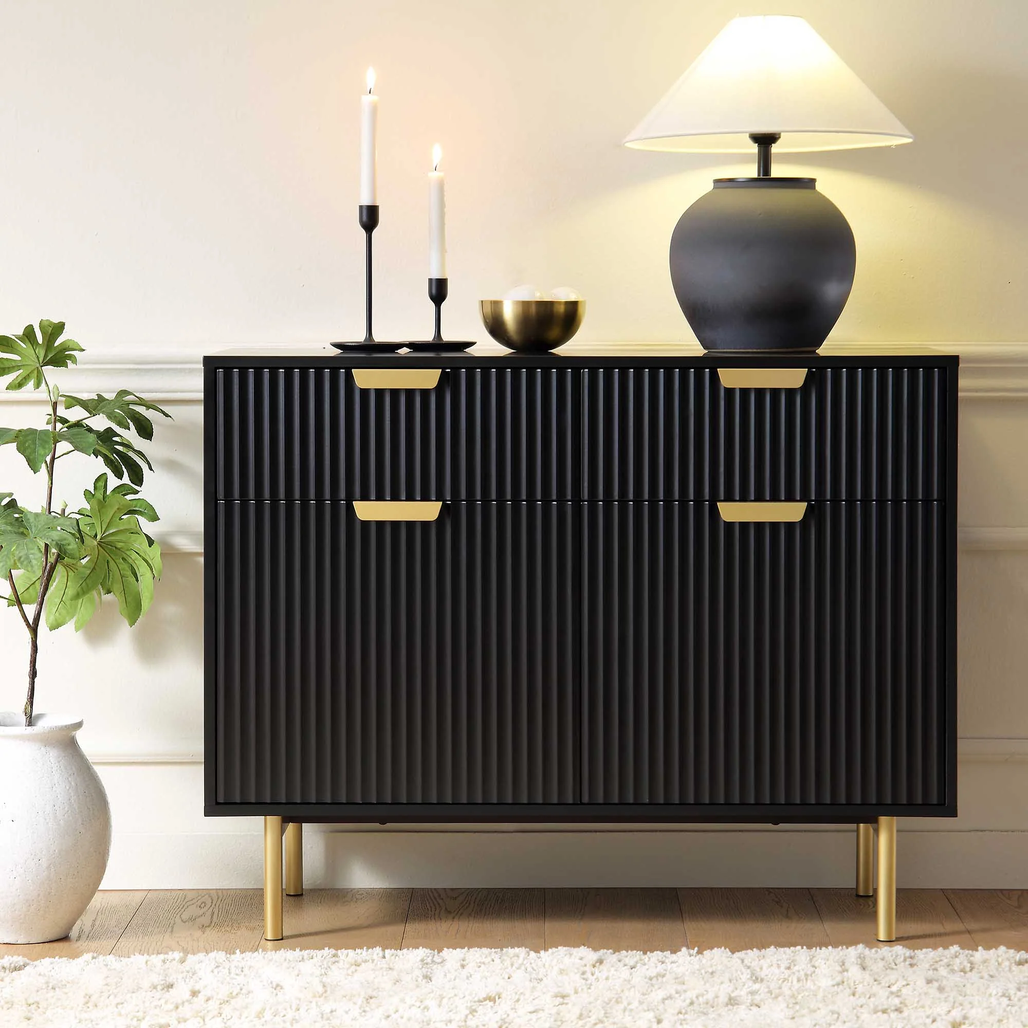 Ridged 2-Door Cabinet with Drawers, Matte Black