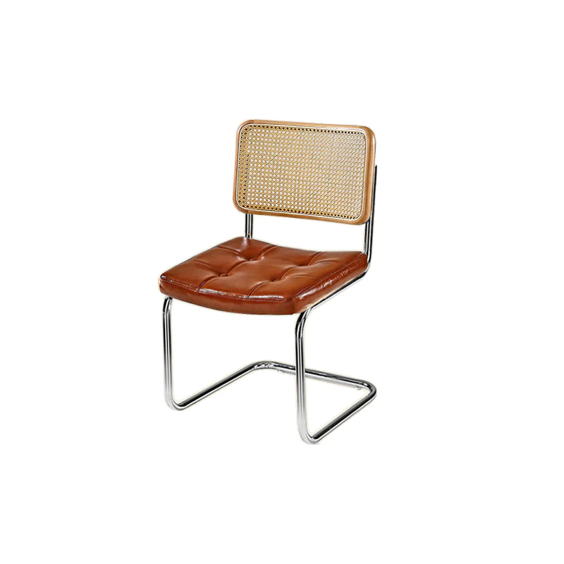 Modern Brown Cantilever Faux Leather Dining Chair Woven Back