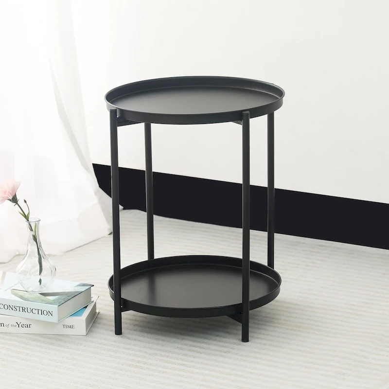 Adeco Side Table 2-Tier Metal Round End Table with Removable Tray - 17.5