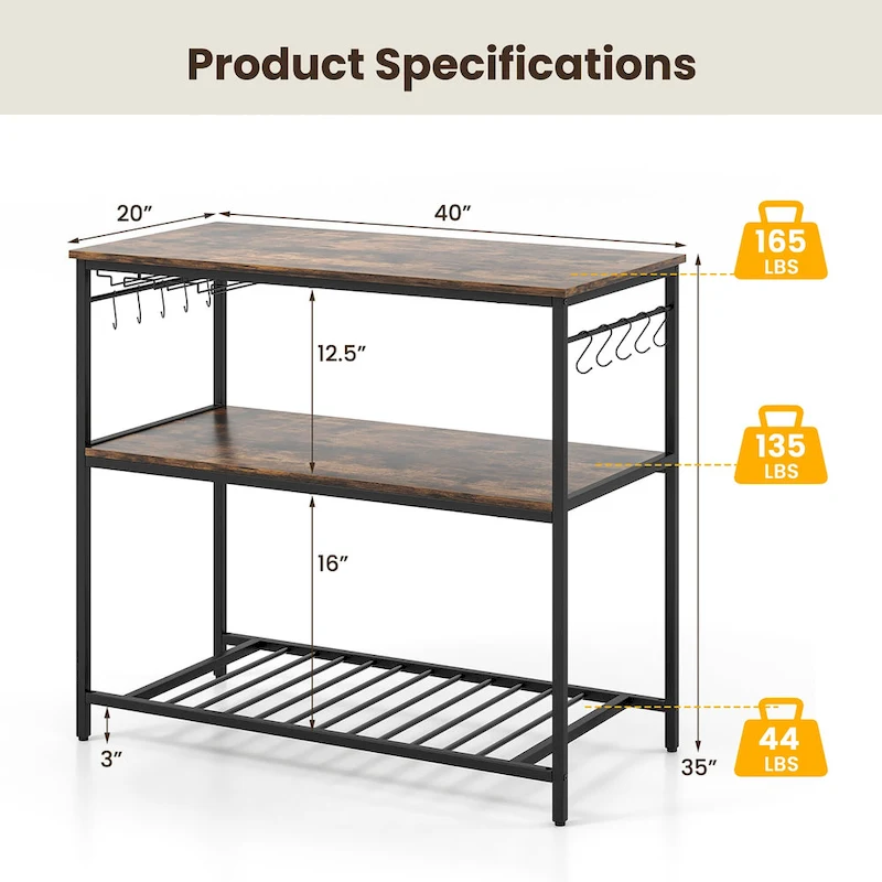 Gymax Kitchen Island 3-Tier Prep Table with Wine Glass Holders Large