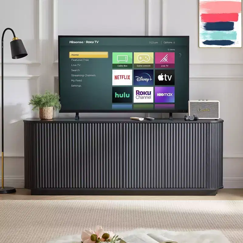 JVNOXK 64 Wave Pattern Sideboard Cabinet, Wooden TV Stand & Storage Buffet with Vertical Stripes for Living Room, Kitchen & Entryway, Black