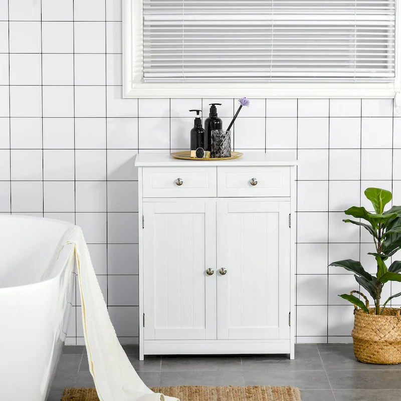 Freestanding Bathroom Storage Cabinet Organizer Floor Tower with 2 Door, 2 Drawers, Adjustable Shelf, White
