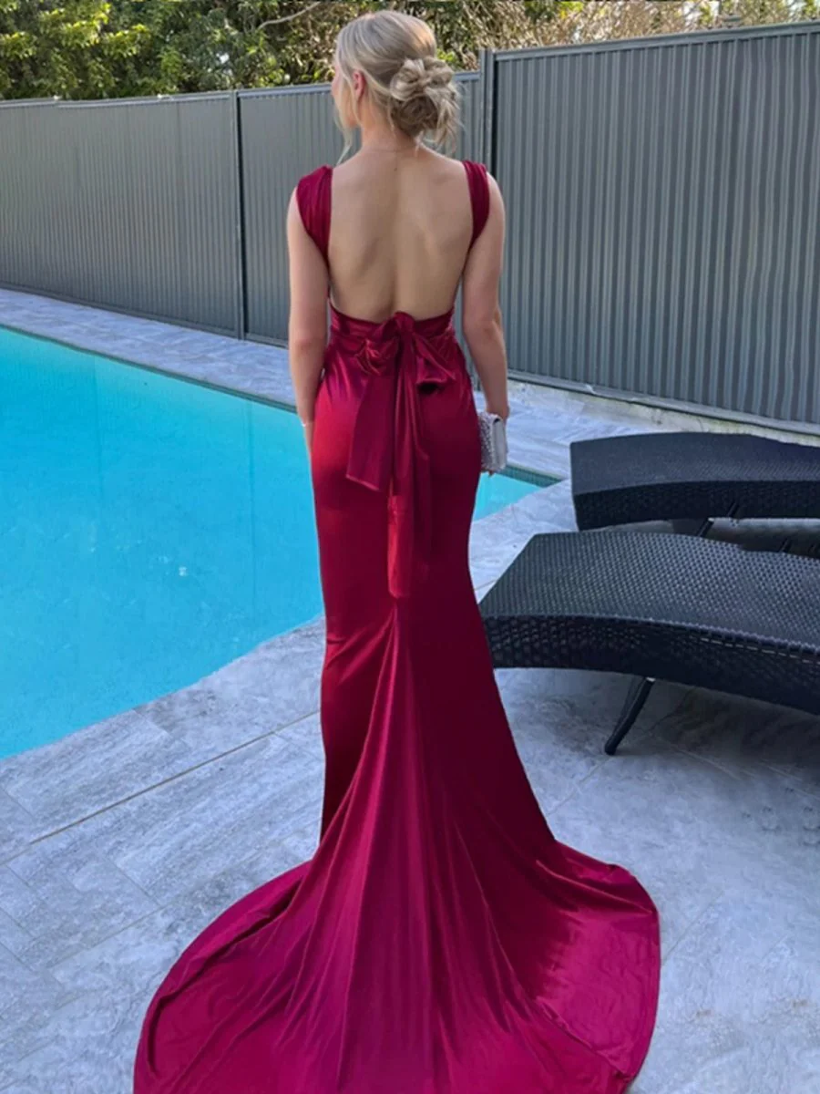 Burgundy Mermaid Straps Satin Pleated Long Prom Dress with Train
