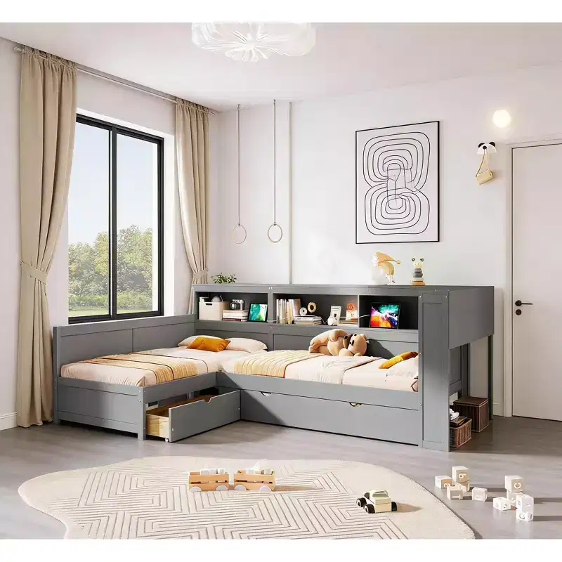 Bellemave Twin Size L-shaped Platform Bed with Trundle & Charging Station, Wood Bed Frame with Charging Station & Bookshelf.