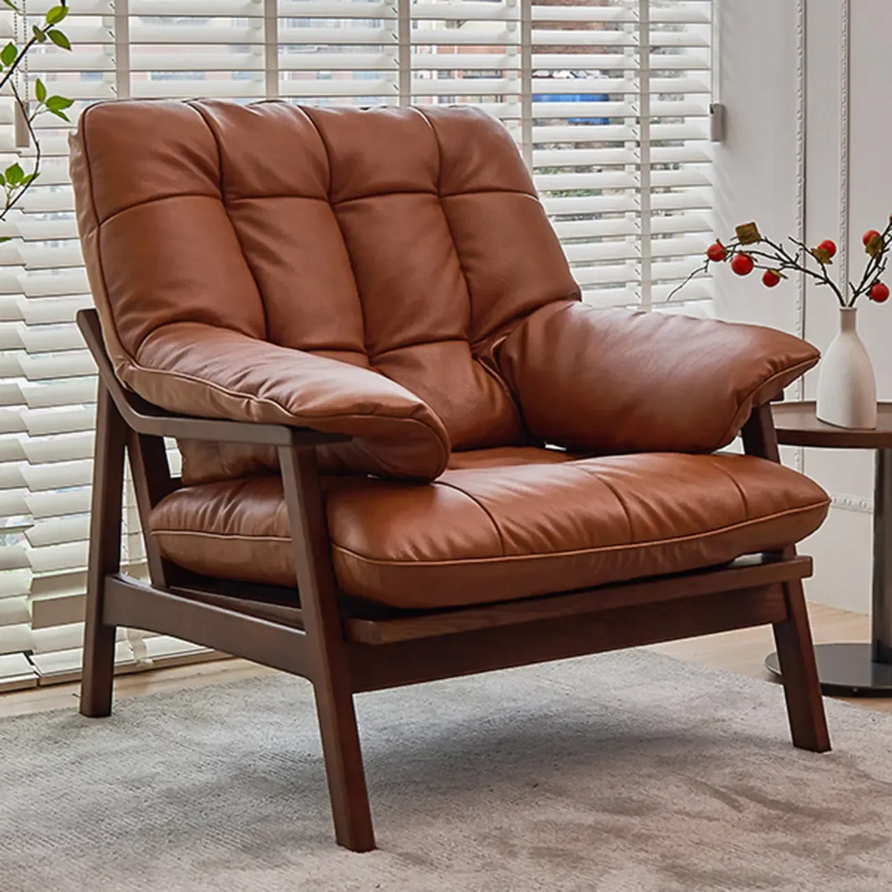 Brown Upholstered Genuine Leather Living Room Accent Chair