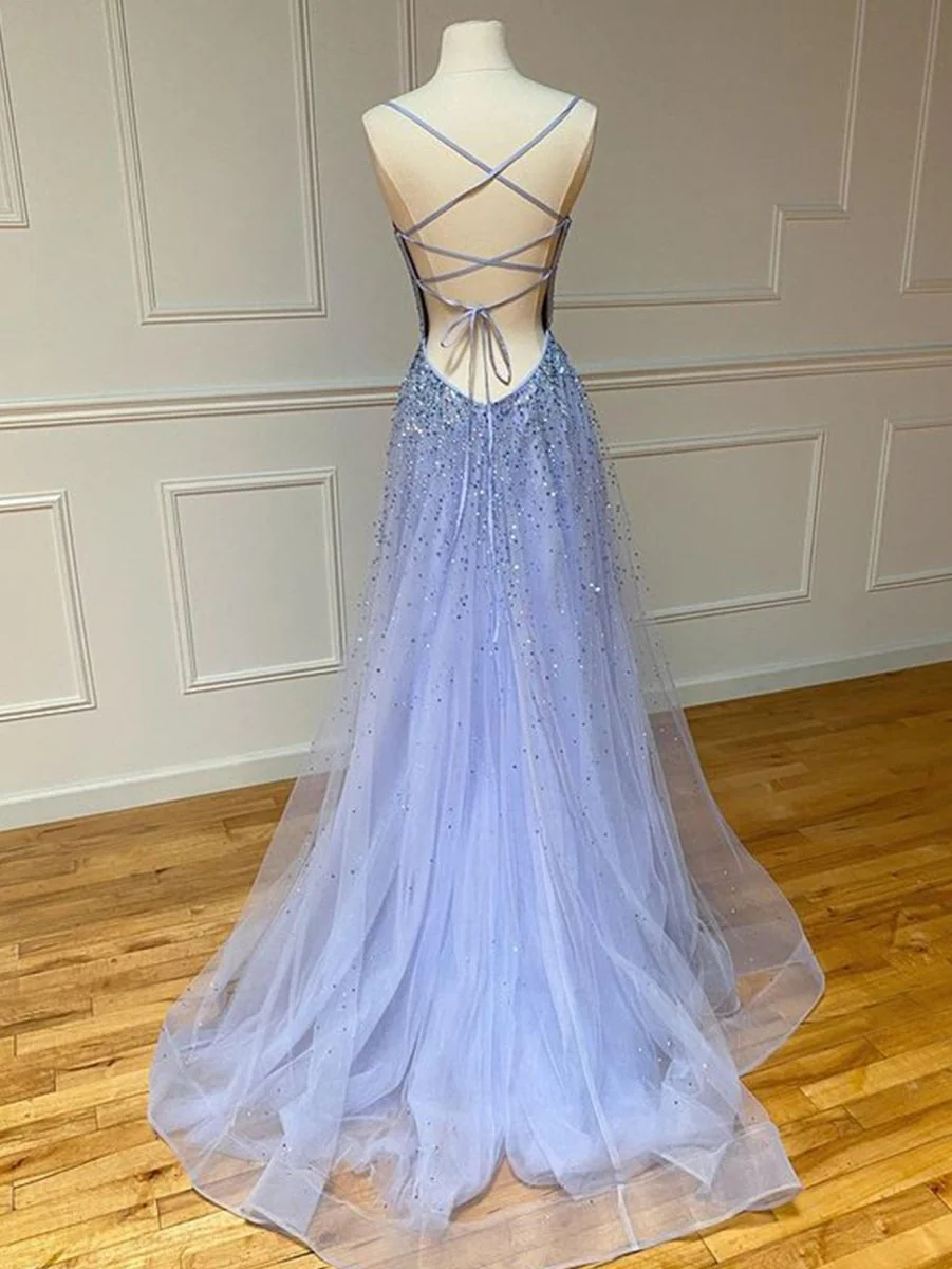 Lavender A-line Glitter Tulle Beaded Long Prom Dress