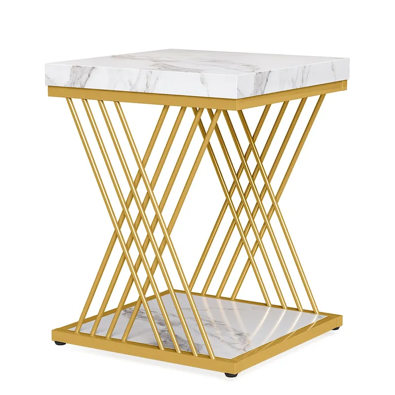 Square End Table, Mid-Century Modern Style, Faux Marble White+Gold / Grey+Black