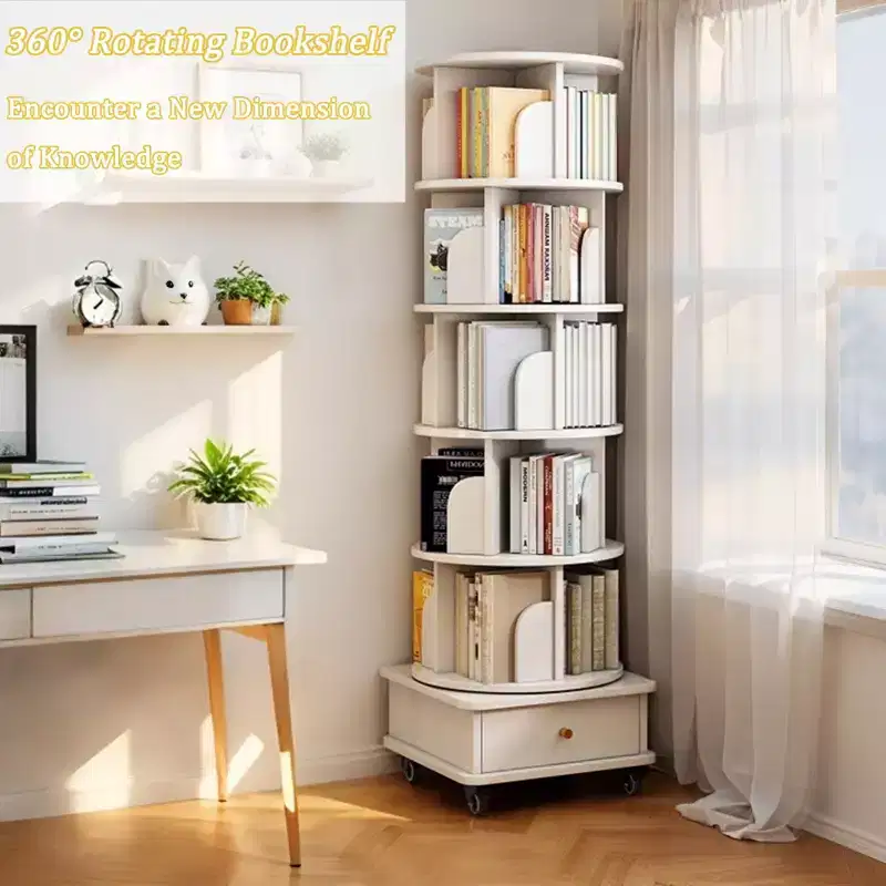 VIYET 68 6-Tier 360 Rotating Bookshelf, White Color MDF Tower w/ Wheels & Drawer (Space-Saving Storage for Home/Office)