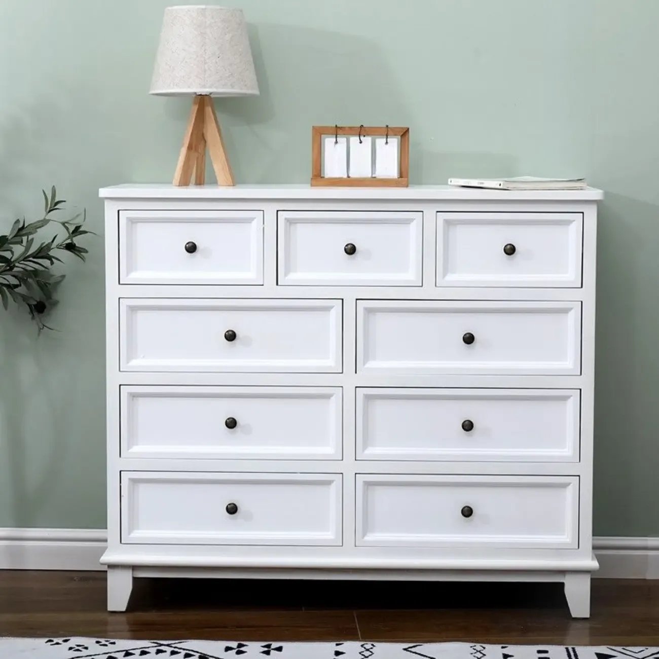 Elegant Wooden 9-Drawer White Dresser with Metal Handle