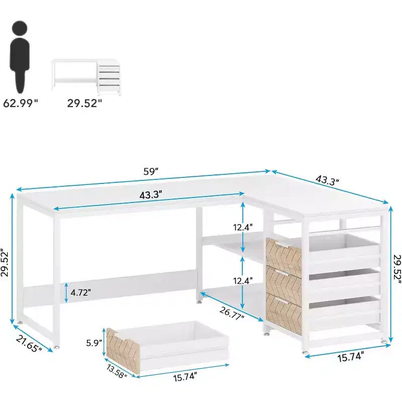 Lantine 59-Inch L-Shaped Computer Desk with Storage Drawers and Shelves, Reversible Corner Desk for Home Office, White