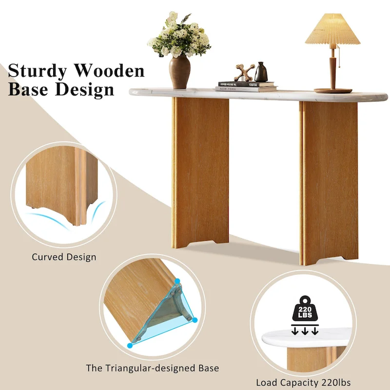 Oval Faux Marble Top Console Table Entryway Table, Narrow Sofa Table Hallway Accent Table with Triangular Base