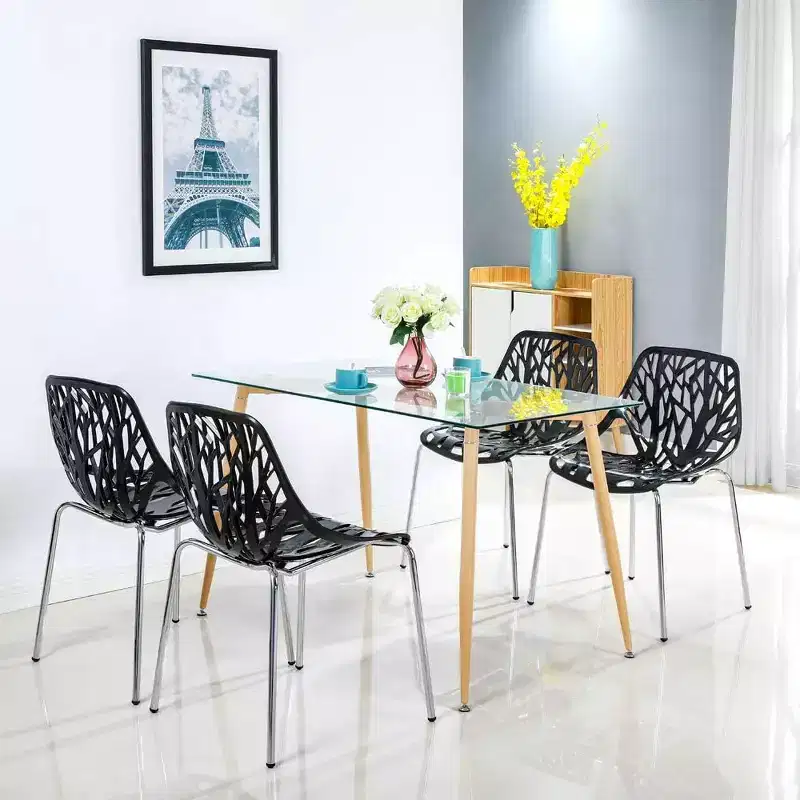 Modern Stackable Dining Chair Set of 4, Black, Plastic Birch Sapling Chairs for Dining Room, Living Room, Office