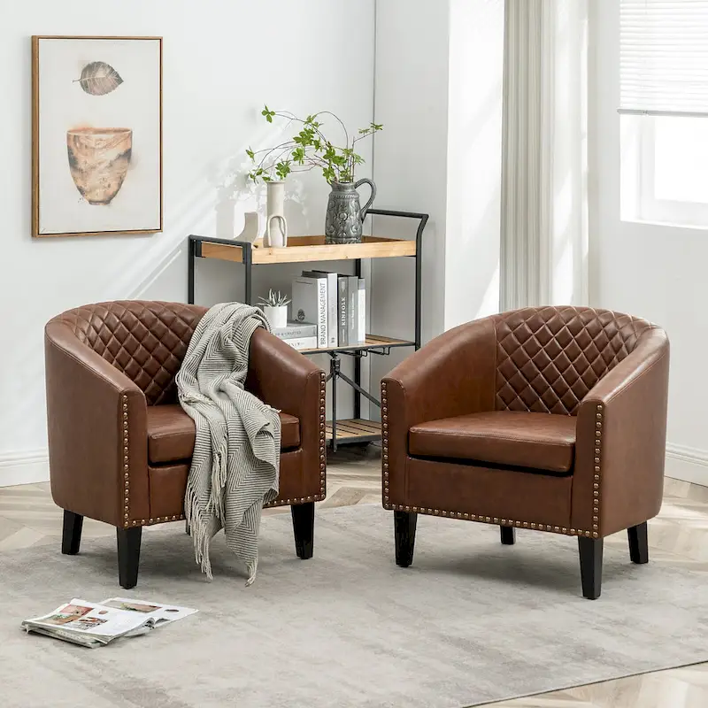 KINWELL 29  PU Faux Leather Club Armchair with Nailheads, Set of 2