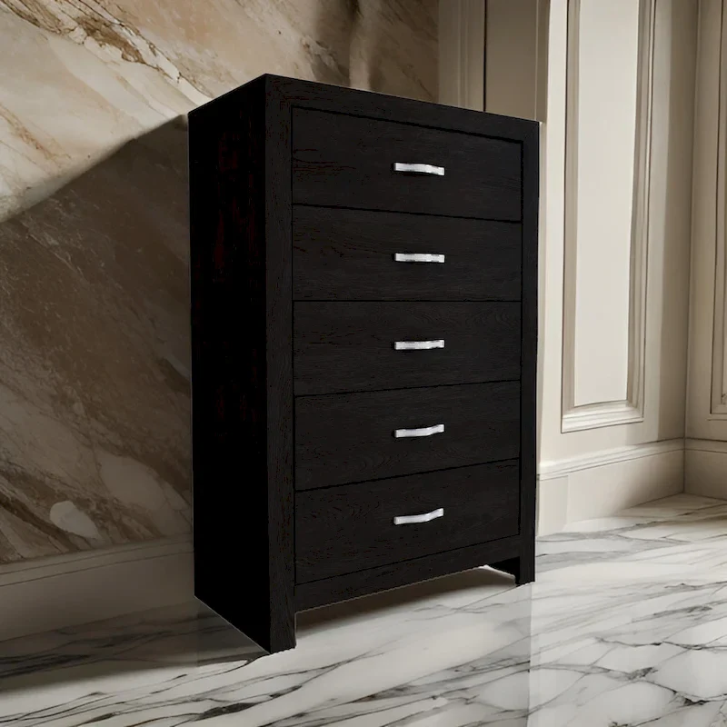 Ancy 48 Inch Tall 5 Drawer Dresser Chest, Faux Diamond Inlay Handles, Black