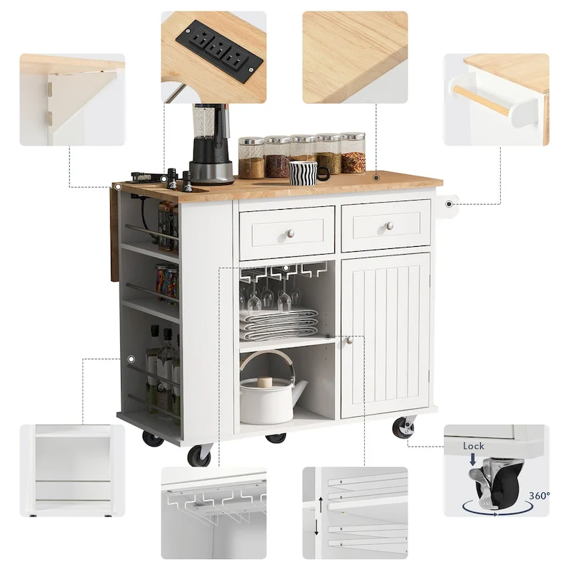 Adjustable Shelves Kitchen Island with Power Outlet and Drop Leaf