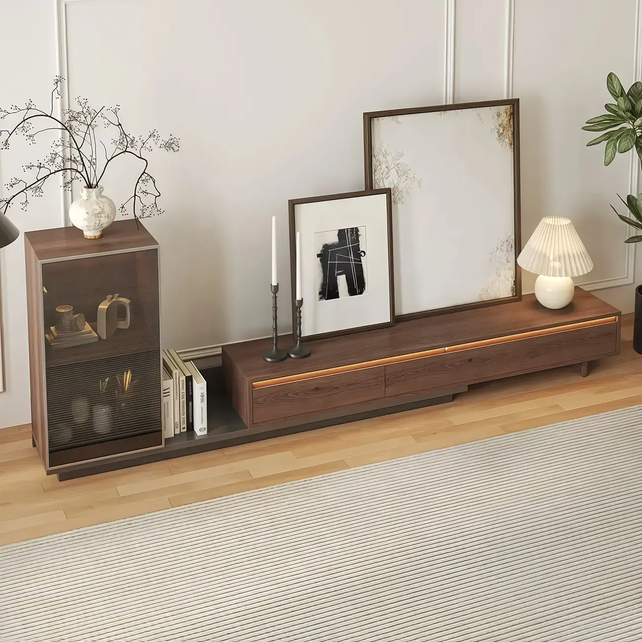 Mid-Century Walnut Extendable Wooden TV Stand with Drawers
