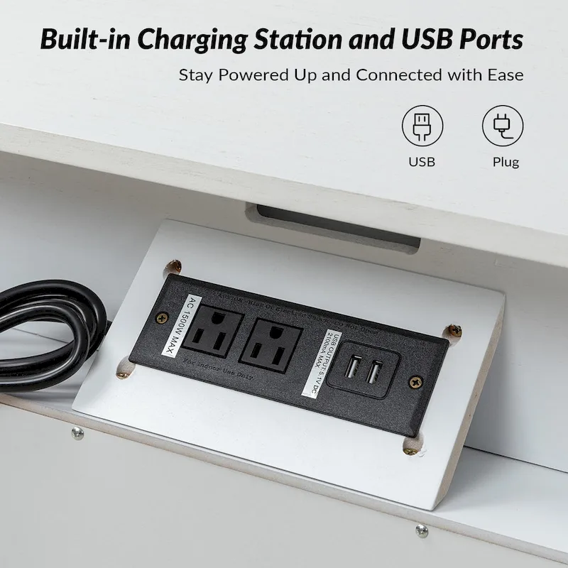 2-Drawer Nightstand with Built-In Outlets and Pull-Out Tray