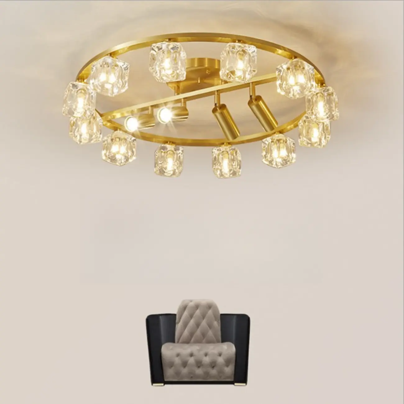 Gold Circle Cube Crystal Semi Flush Ceiling Light with Spotlights